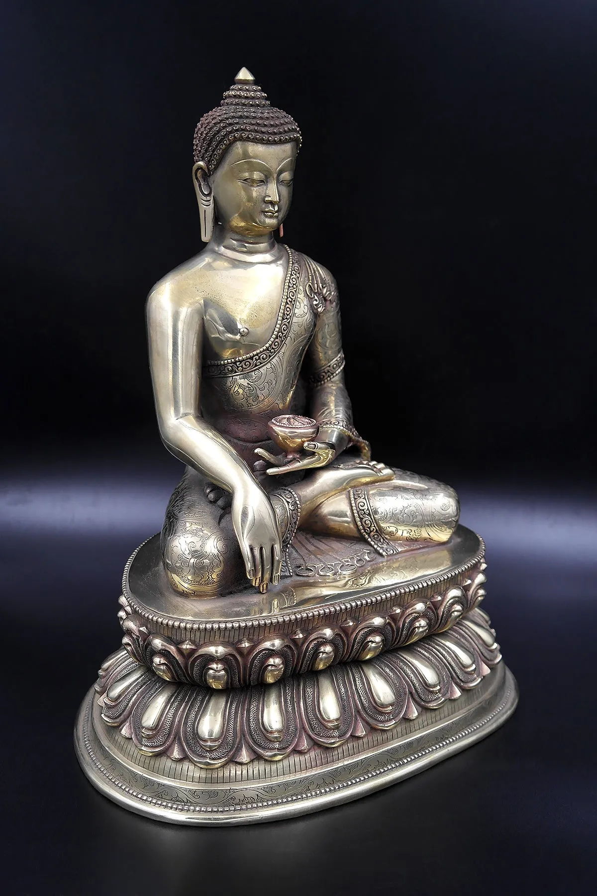 Hand Carved Shakyamuni Buddha Statue double Lotus, 12.5"