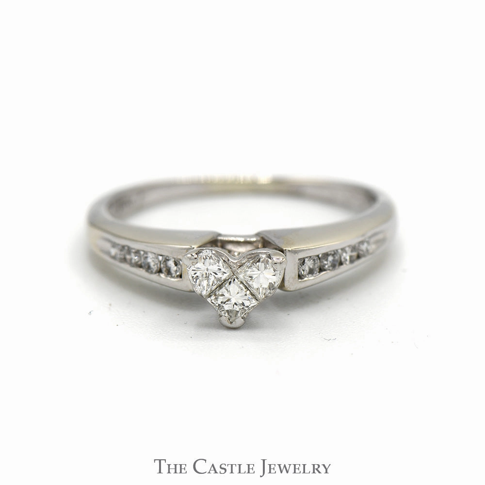 Handcrafted Gift 1/2cttw Heart Shaped Diamond Cluster Engagement Ring with Channel Set Diamond Accents in 14k White Gold