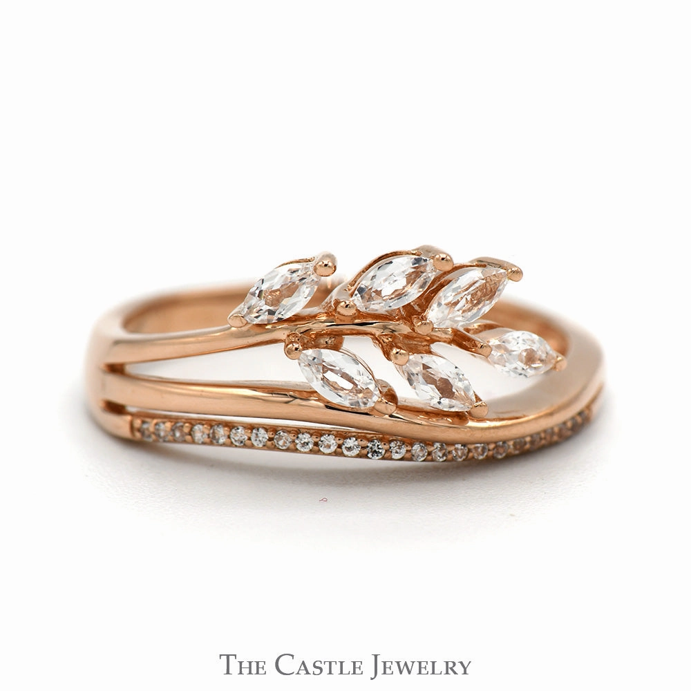 Marquise White Topaz Round Cubic Zirconia Fancy Leaf Design Stackable Band 10 Karat Rose Gold decorative item