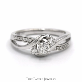 Three Stone Diamond Ring with Diamond Accented Open Bypass Sides in 14k White Gold Classic Jewelry