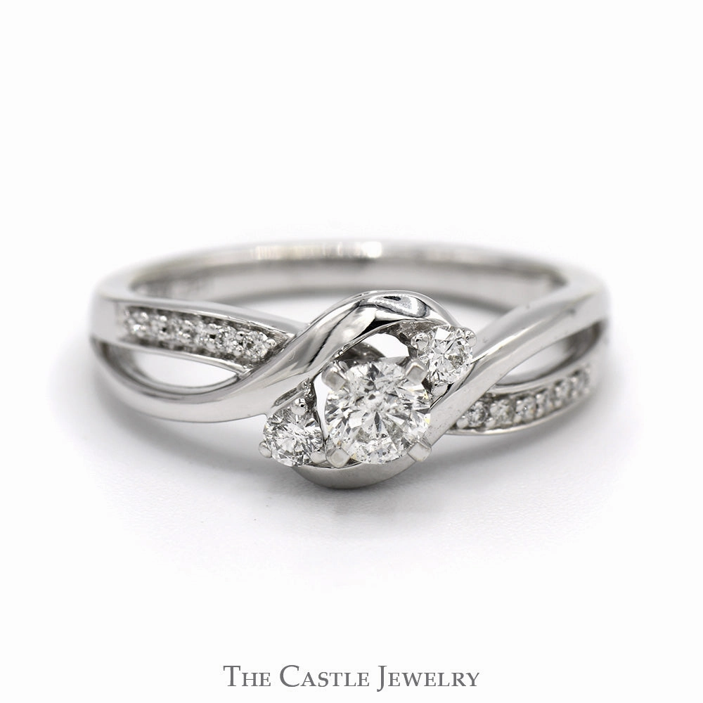 Three Stone Diamond Ring with Diamond Accented Open Bypass Sides in 14k White Gold Classic Jewelry