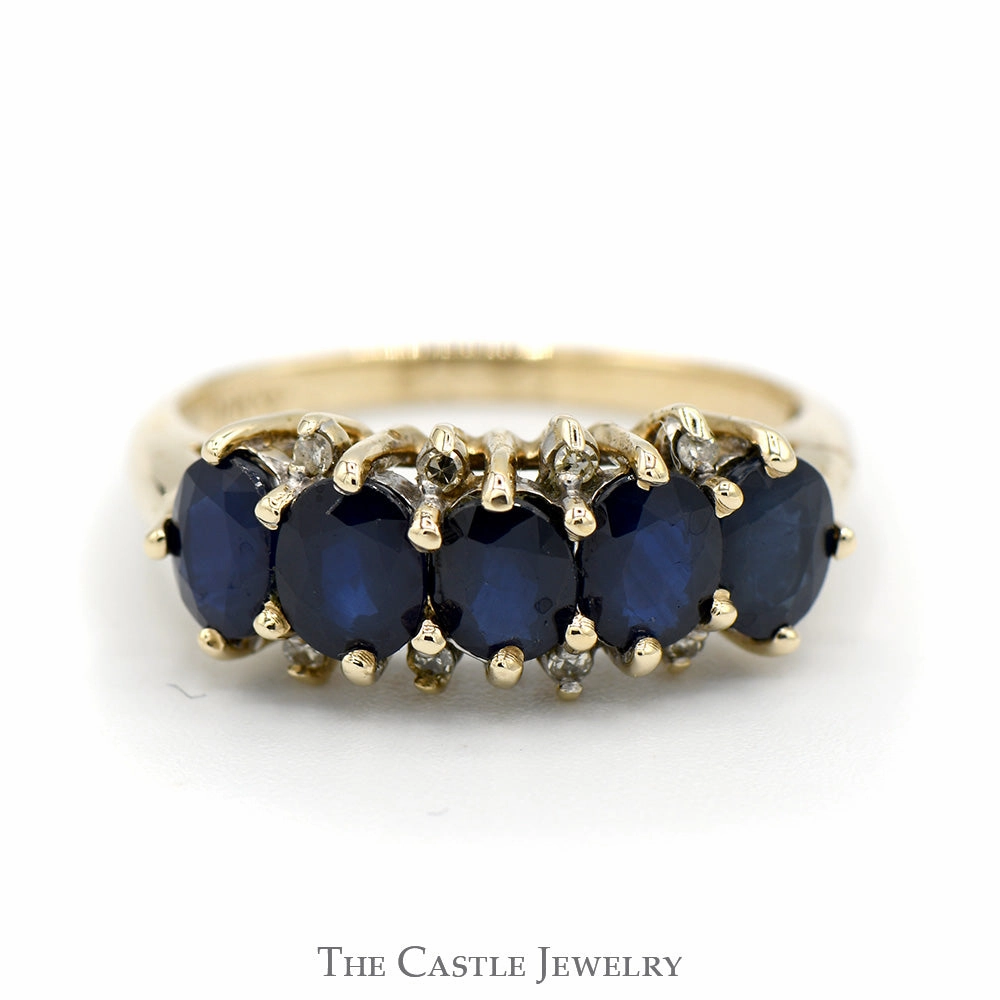 5 Oval Sapphire Band with Diamond Accents in 10k Yellow Gold Luxury Trinket