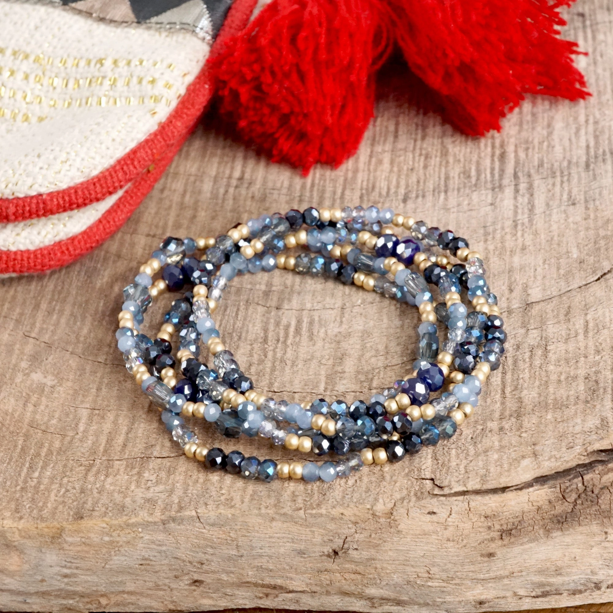 Special Occasion Layered Sparkly Glass and Gold Beaded Bracelets Sets