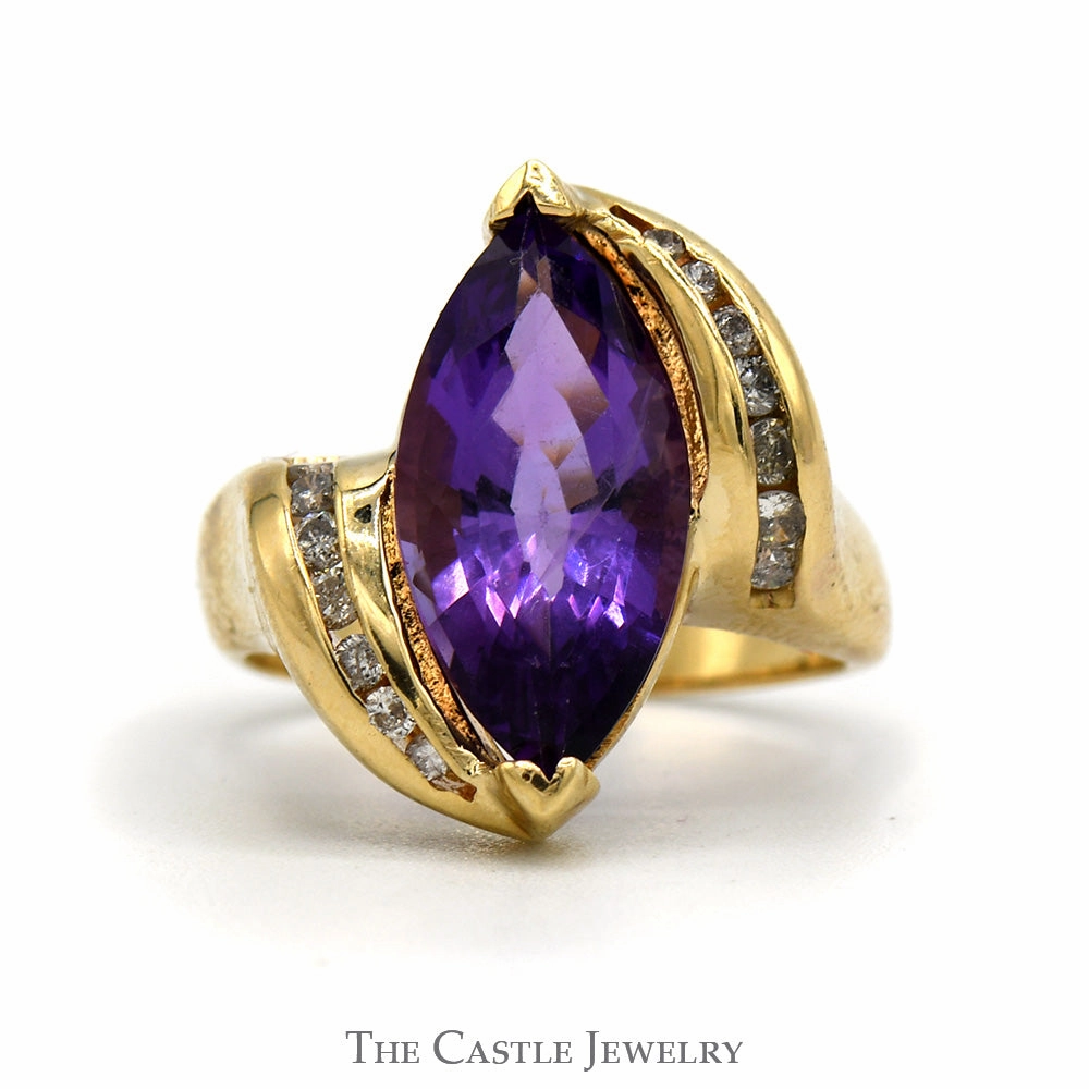 Marquise Shaped Amethyst And Diamond Ring Bypass Design Wonderful Piece Stylish Adornment