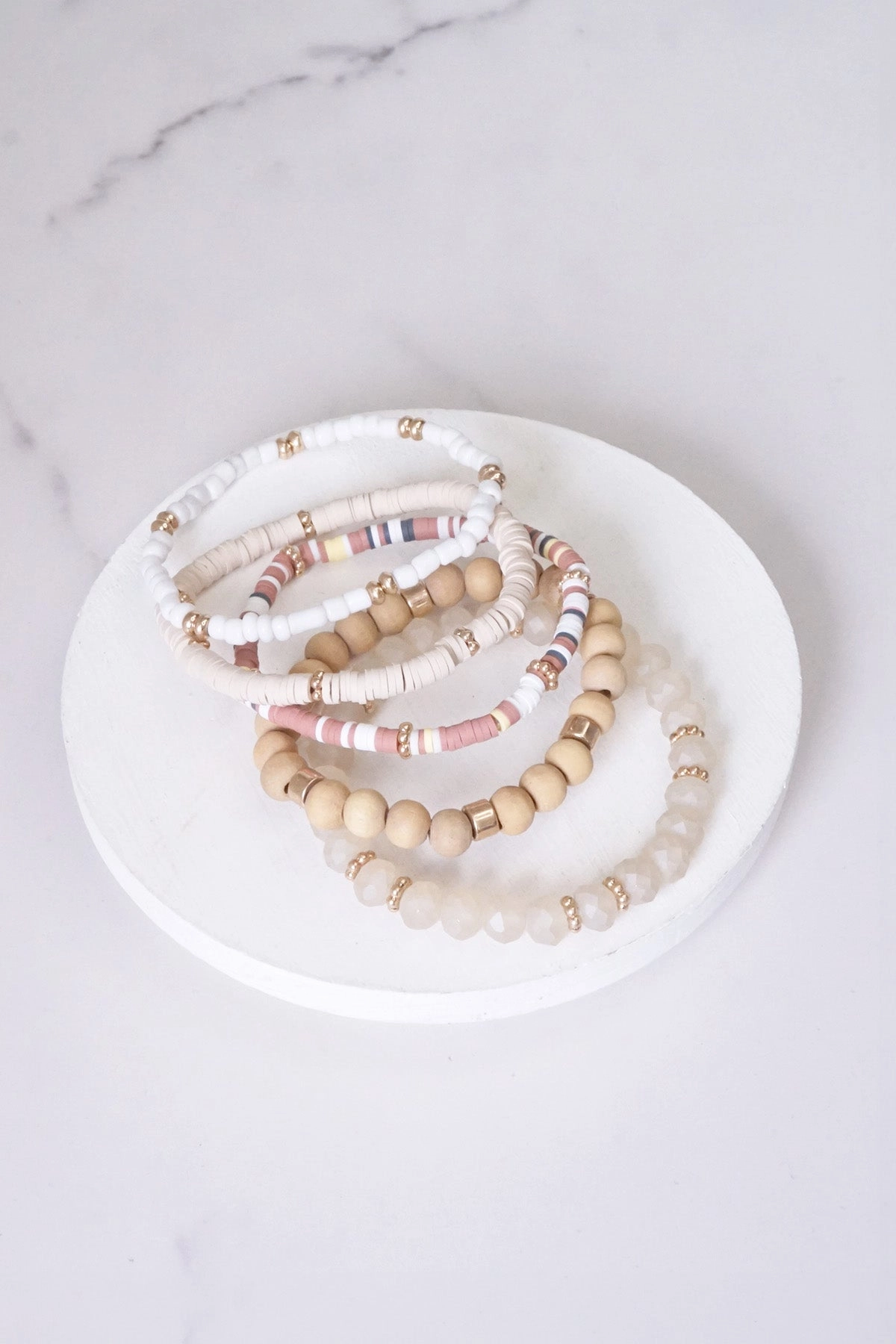 Matching Duos Summer Neutrals Cream Beige White stack clay glass wood beads bracelets set