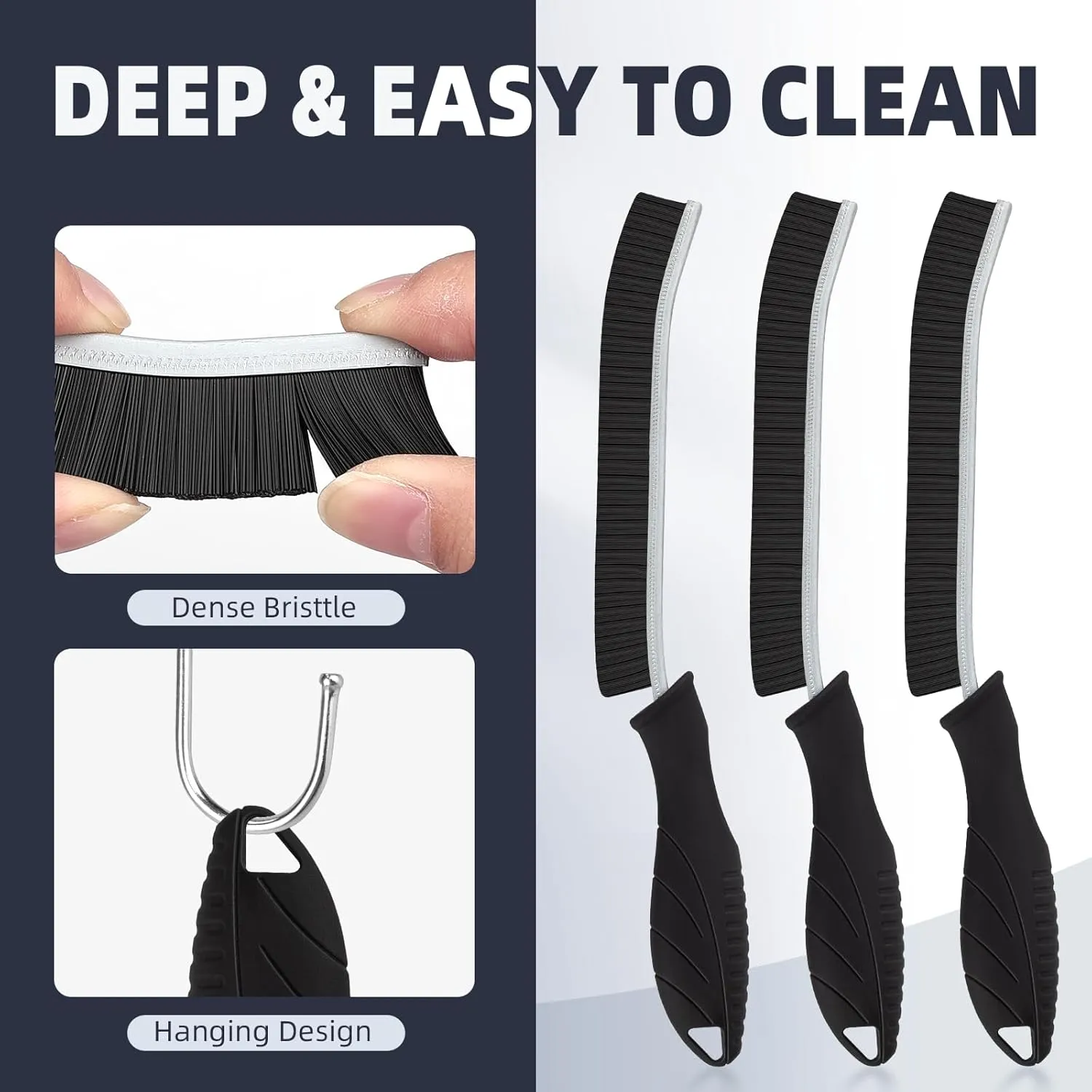 Hard Bristle Crevice Cleaning Brush - Home Cleaning Tools, Multi-Purpose Crevice Supplies for Kitchen, Bathroom, Toilet, Window, Vehicle, Faucets, Grout, Home (Black) (3, Black)