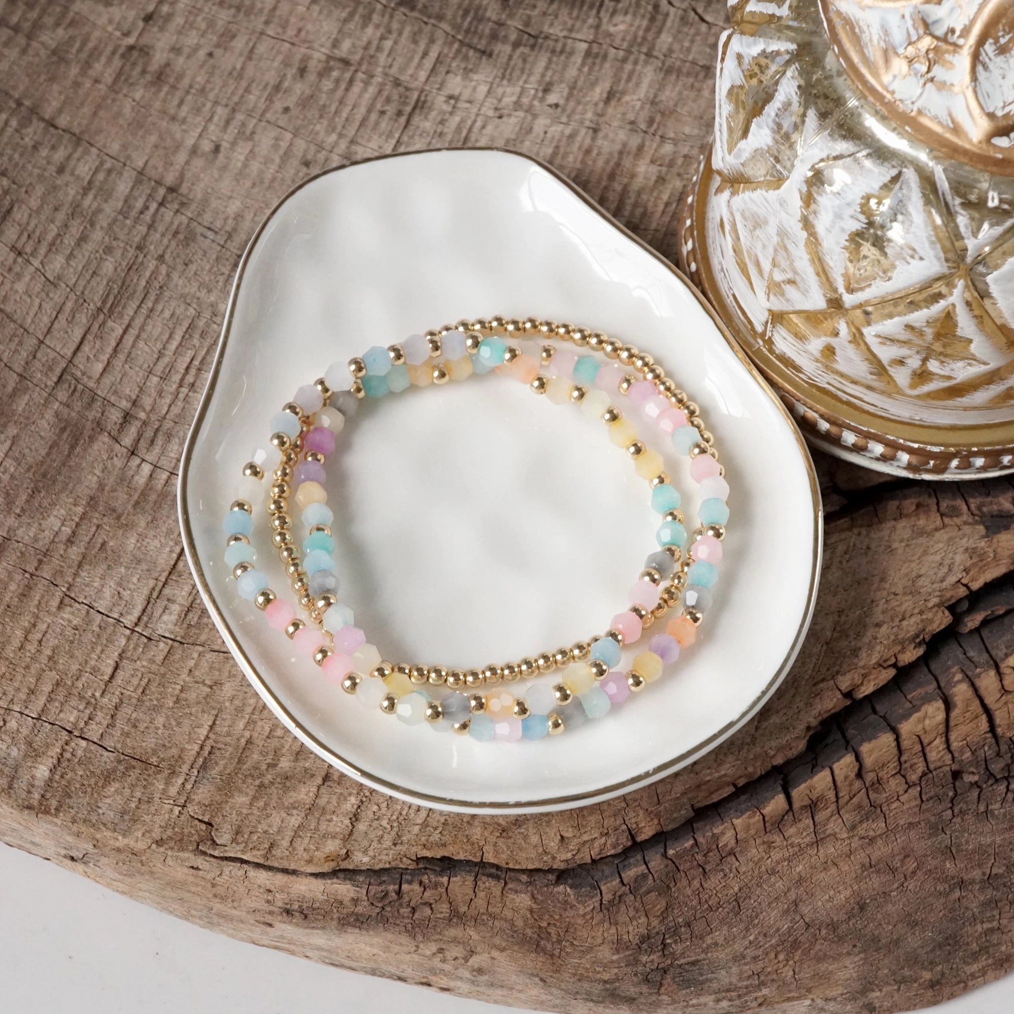 Small Gold tone and Glass beads bracelet stack of 3 bracelets - Pink Mint Multi Go-To Item