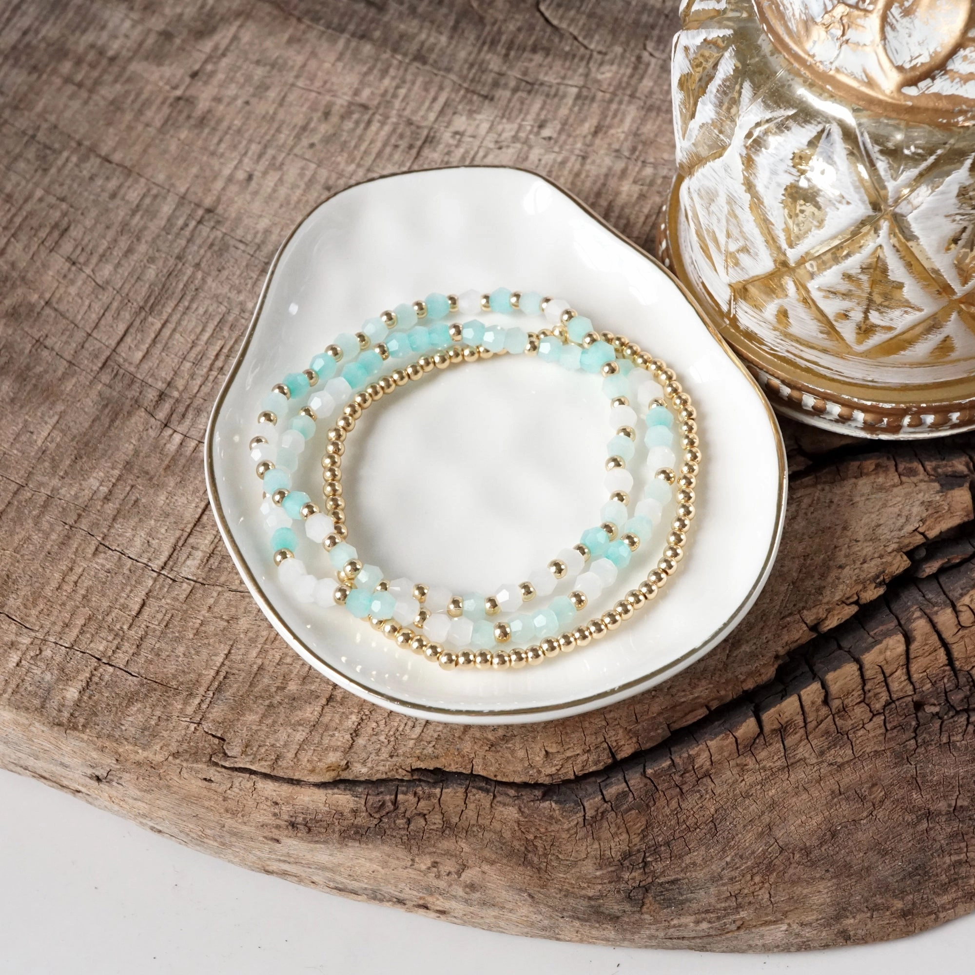 Small Gold tone and Glass beads bracelet stack of 3 bracelets - Pink Mint Multi Personal Touch