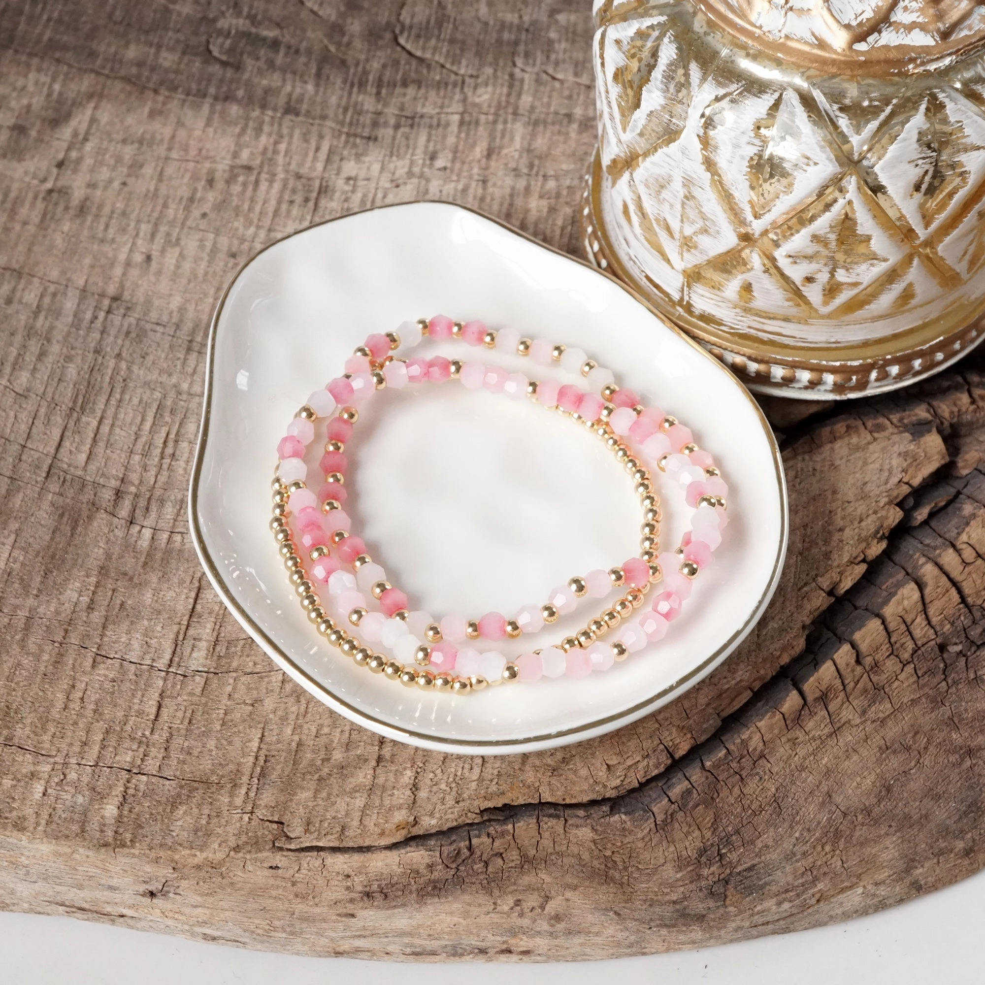 Happy Vibes Small Gold tone and Glass beads bracelet stack of 3 bracelets - Pink Mint Multi