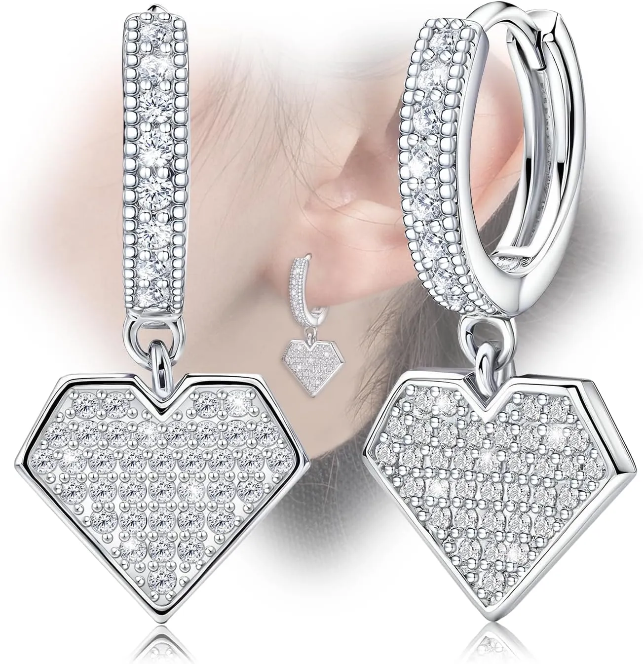 Heart Hoop Earrings with Dangling - Sterling Silver Hypoallergeic Cubic Zirconia Love Heart Earrings with Dangle Special Heart Shaped Earring for Sensitive Ears for Women