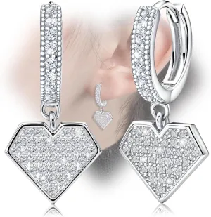 Heart Hoop Earrings with Dangling - Sterling Silver Hypoallergeic Cubic Zirconia Love Heart Earrings with Dangle Special Heart Shaped Earring for Sensitive Ears for Women