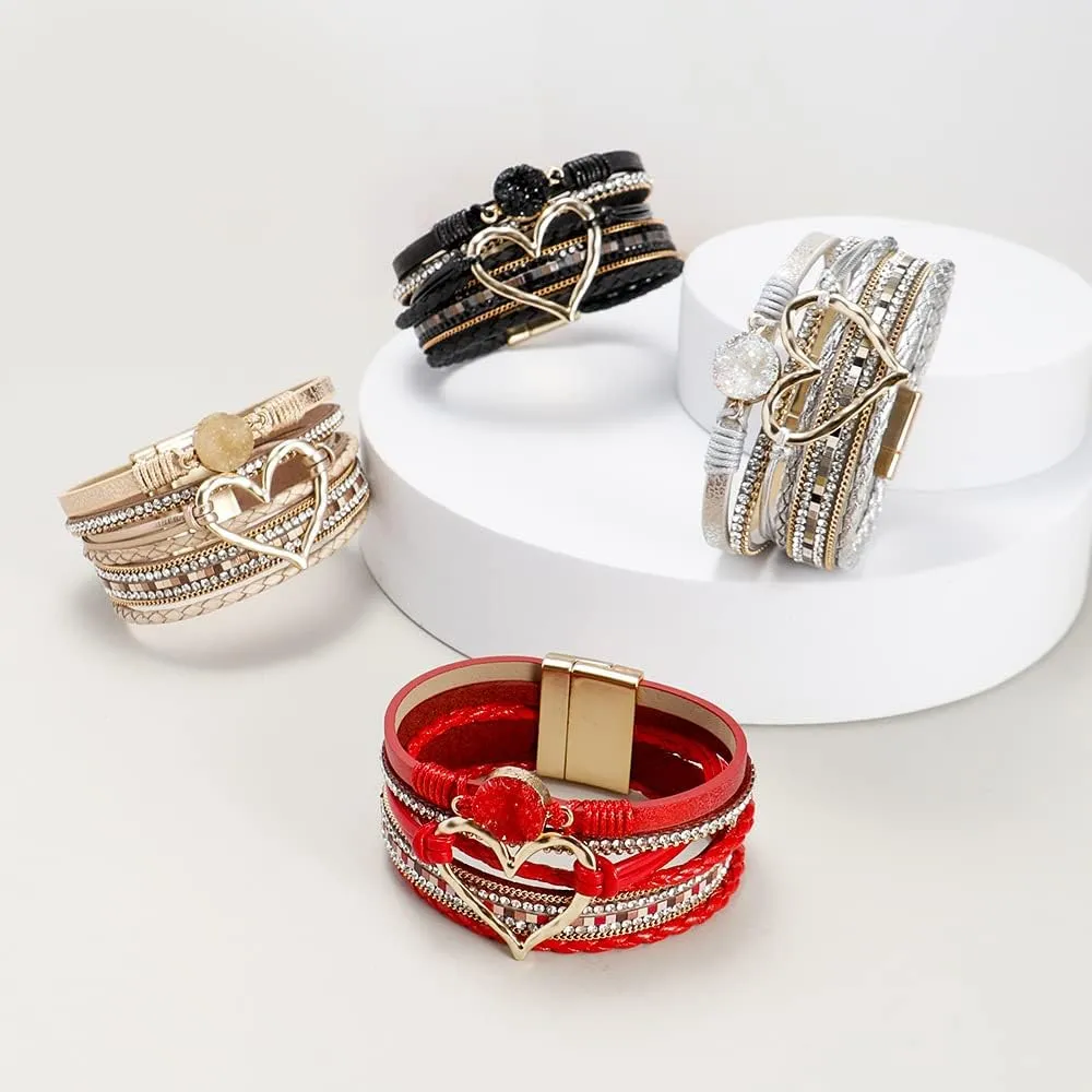 Heart Leather Wrap Bracelets Boho Stackable Cuff Bangles Resin Stone Rhinestone Bracelets with Clasp Jewelry Gift for Women