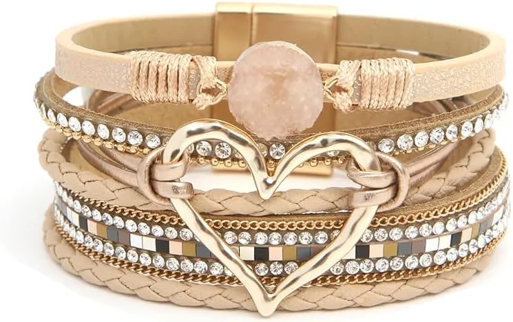 Heart Leather Wrap Bracelets Boho Stackable Cuff Bangles Resin Stone Rhinestone Bracelets with Clasp Jewelry Gift for Women