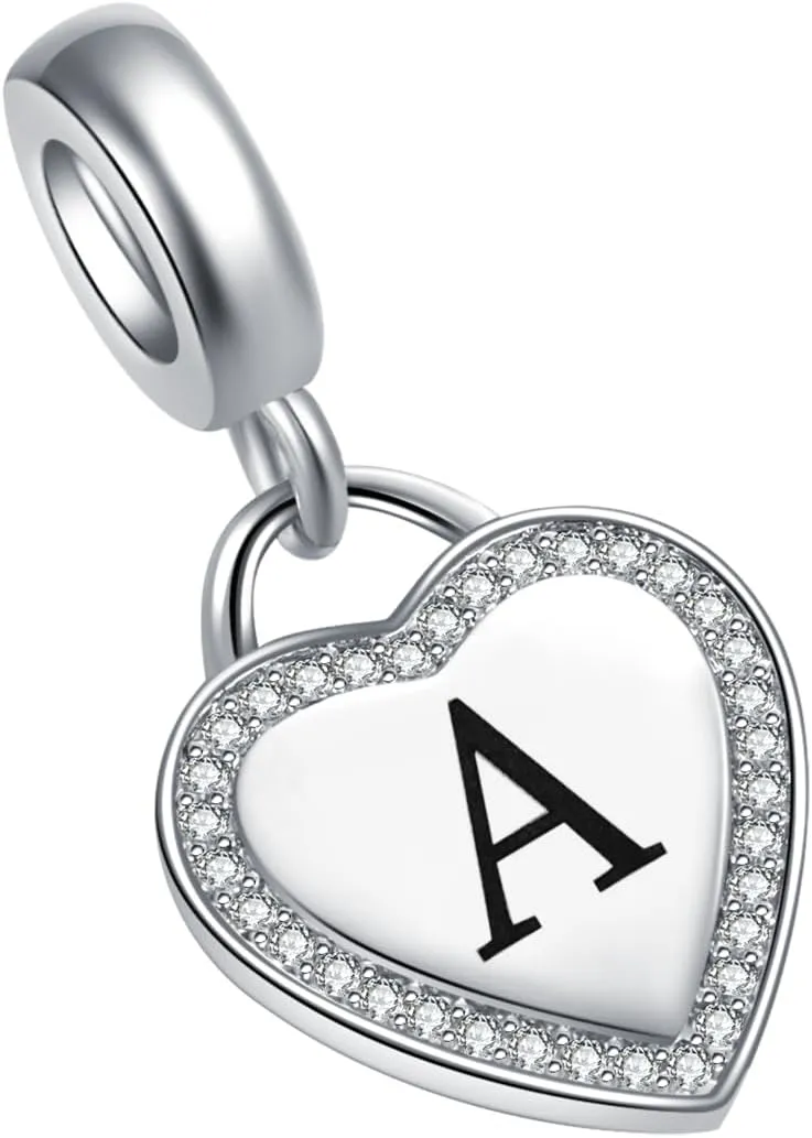 Heart Sparkling Initial Letter Charm Compatible with Pandora Charms Bracelets for Women A-Z Alphabet Name Charm