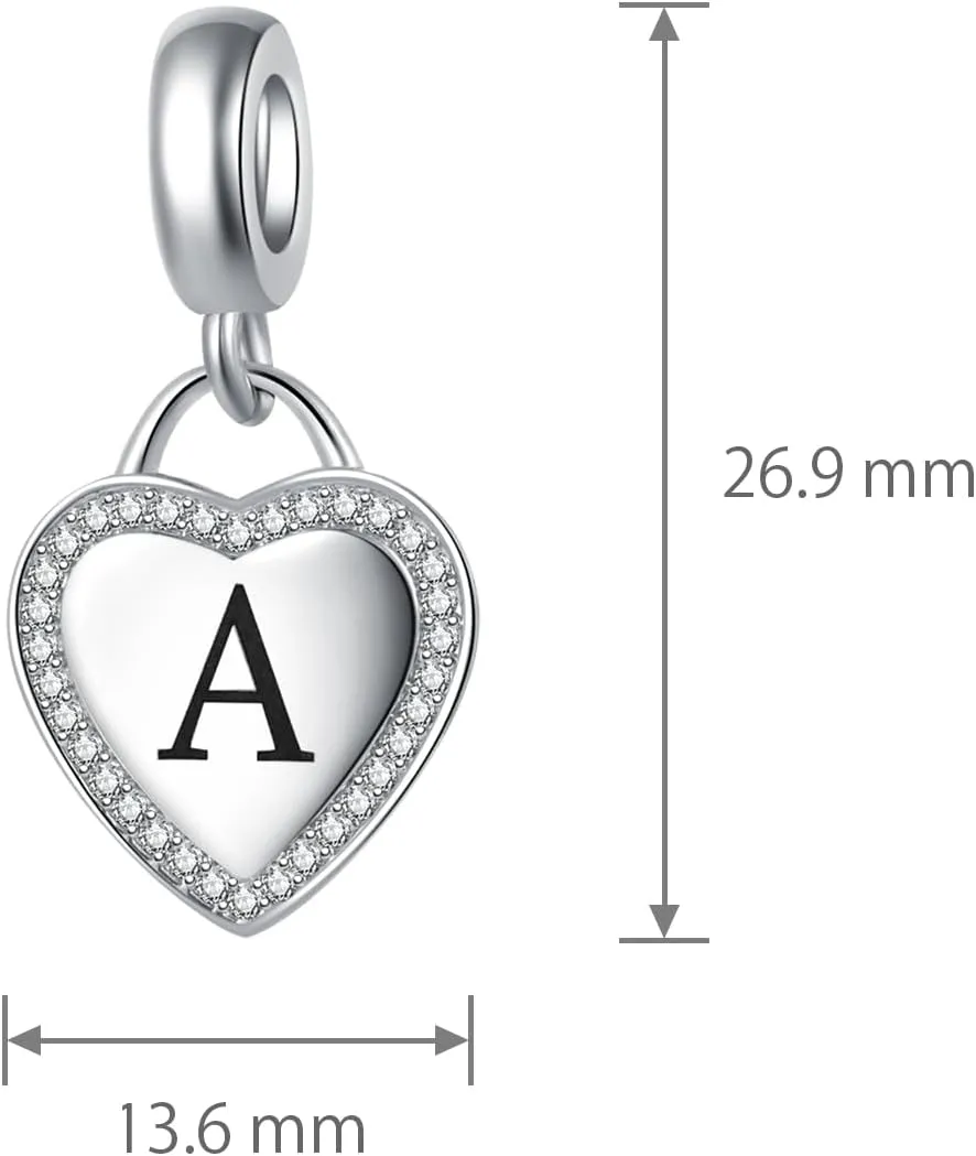 Heart Sparkling Initial Letter Charm Compatible with Pandora Charms Bracelets for Women A-Z Alphabet Name Charm