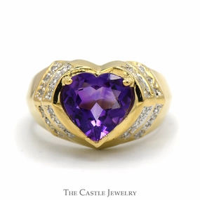 Heart Shaped Amethyst Ring with Diamond Accents in 14k Yellow Gold Ridged Mounting Custom Decoration
