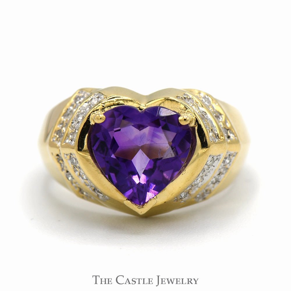 Heart Shaped Amethyst Ring with Diamond Accents in 14k Yellow Gold Ridged Mounting Custom Decoration