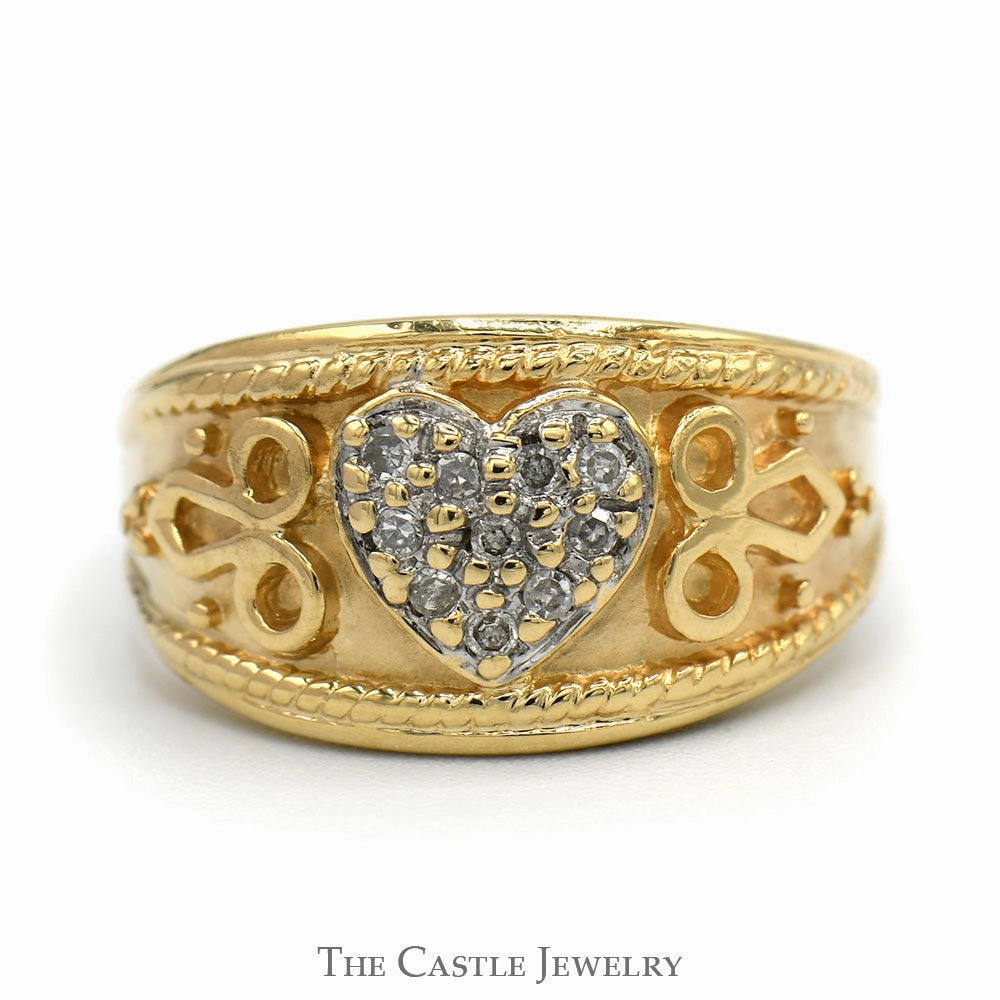 Personal Touch Shiny Product Heart Shaped Diamond Cluster Dome Ring with Scrollwork Sides in 10k Yellow Gold