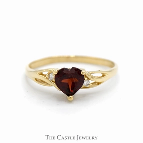 Heart Shaped Garnet Ring with Cubic Zirconia Accents in 10k Yellow Gold High-End Craft