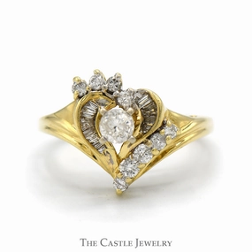 Heart Shaped Round and Baguette Cut Diamond Cluster Ring in 14k Yellow Gold High-End Object