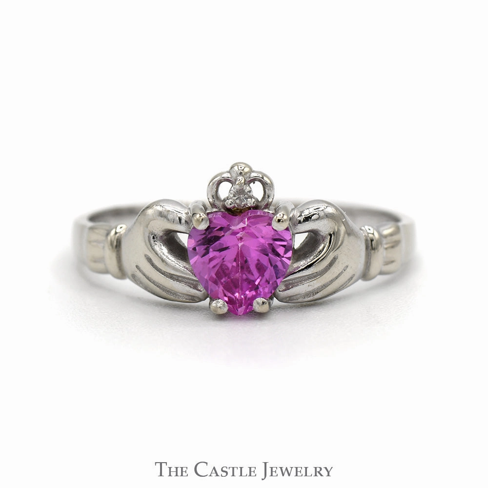 Heart Shaped Synthetic Pink Sapphire Claddagh Ring with Illusion Set Diamond Accent in 14k White Gold Timeless Texture