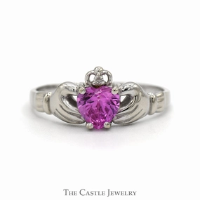 Heart Shaped Synthetic Pink Sapphire Claddagh Ring with Illusion Set Diamond Accent in 14k White Gold Timeless Texture