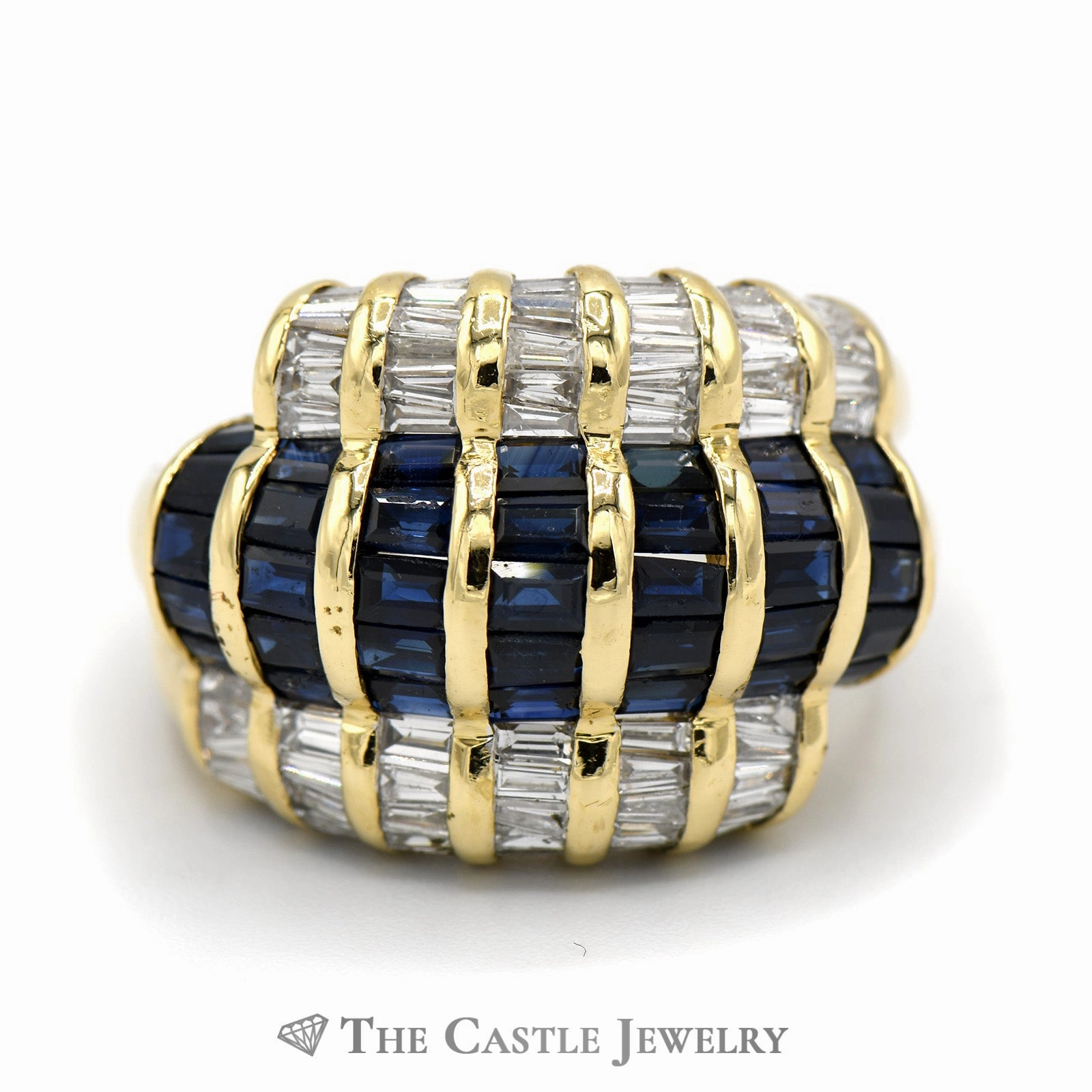 Classic revival Daily Detail Channel Set Baguette Sapphire & Diamond Dome Ring in 18k Yellow Gold