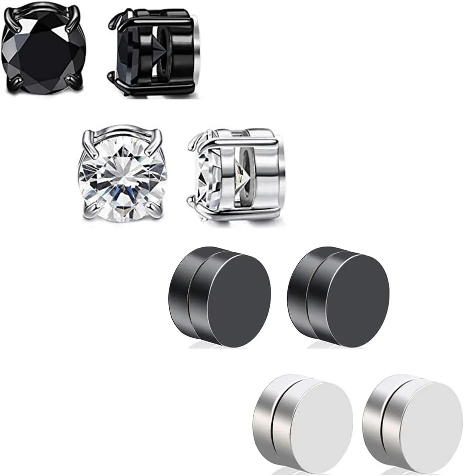 HENGYID 4 Pairs Stainless Steel Magnetic Stud Earrings for Men Women CZ Magnet Non Pierced Clip On Earrings Set 6MM