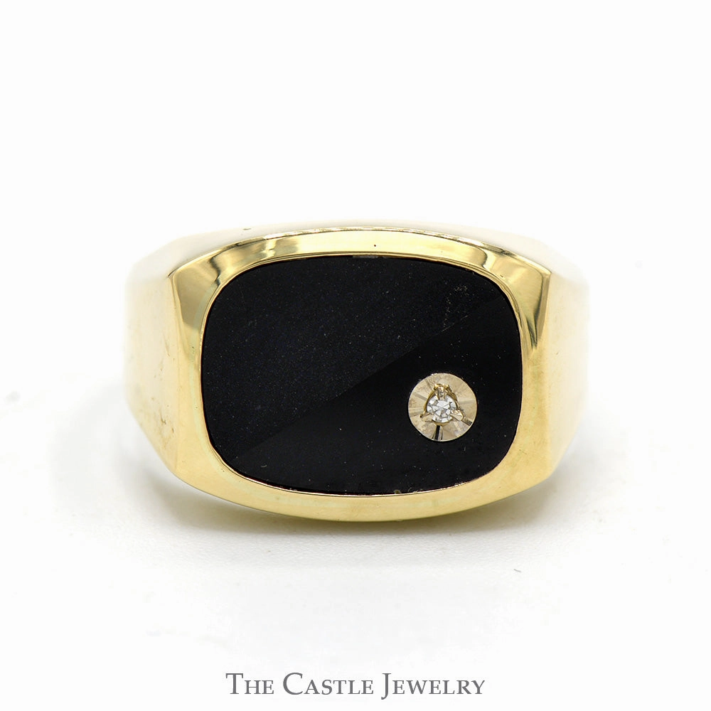 Rounded Rectangular Onyx Ring with Diamond Accent in 10k Yellow Gold Festive Present