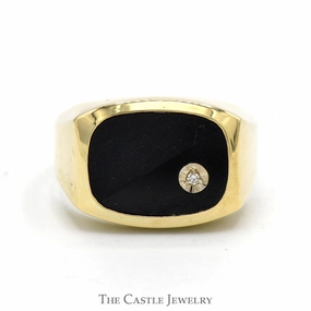 Rounded Rectangular Onyx Ring with Diamond Accent in 10k Yellow Gold Festive Present