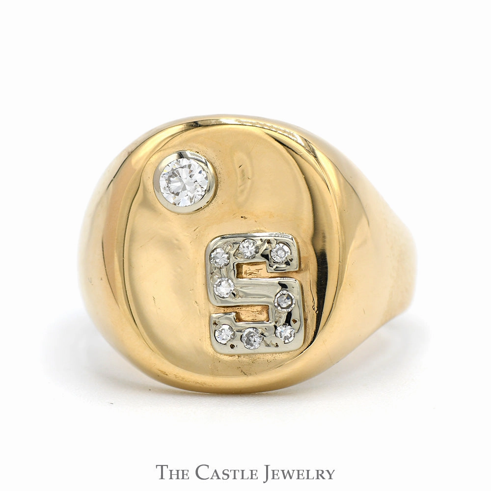 1/4cttw Round Diamond Accented "S" Signet Ring in 14k Yellow Gold Old World Elegant Balance