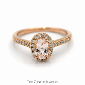 Oval Morganite Ring with Diamond Halo and Accented Sides in 14k Rose Gold Durable item Cool Tone