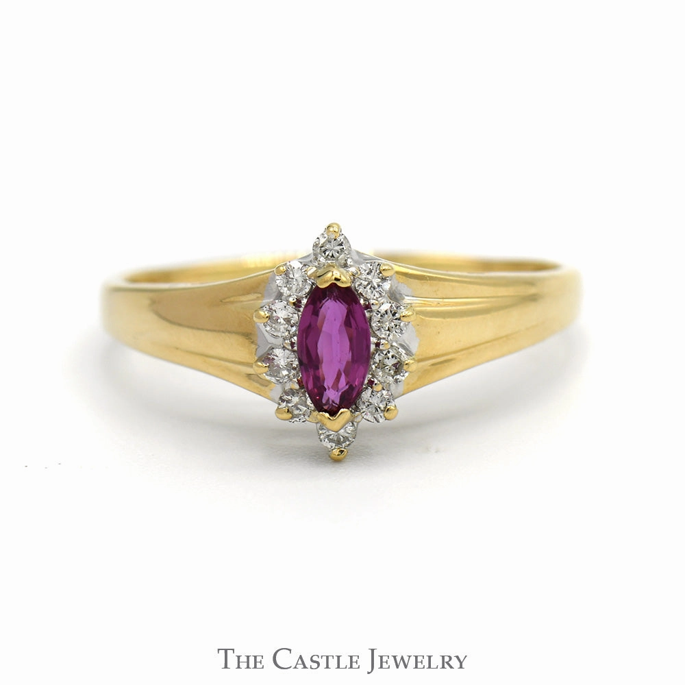 Fashionable Statement Luxury Structure Marquise Cut Ruby Ring with Diamond Halo in 14k Yellow Gold