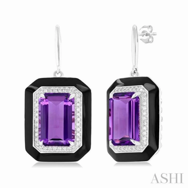 12x8 MM Emerald Cut Amethyst and 1/3 Ctw Round Cut Diamond Halo & Black Enamel Border Semi-Precious Earrings in 14K White Gold Handmade Design