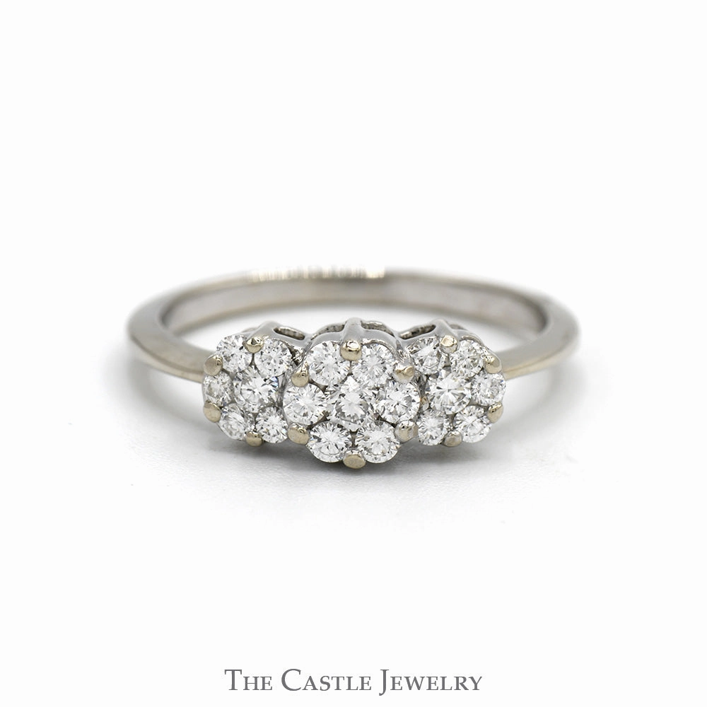 Luxury Keepsake Soft Glimmer 1/2cttw Triple Flower Diamond Cluster Ring in 14k White Gold