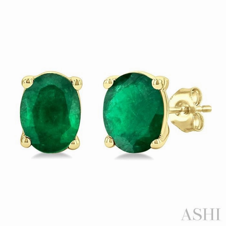 4X3 MM Oval Shape Emerald Precious Stud Earrings in 14K Yellow Gold Delicate Highlight