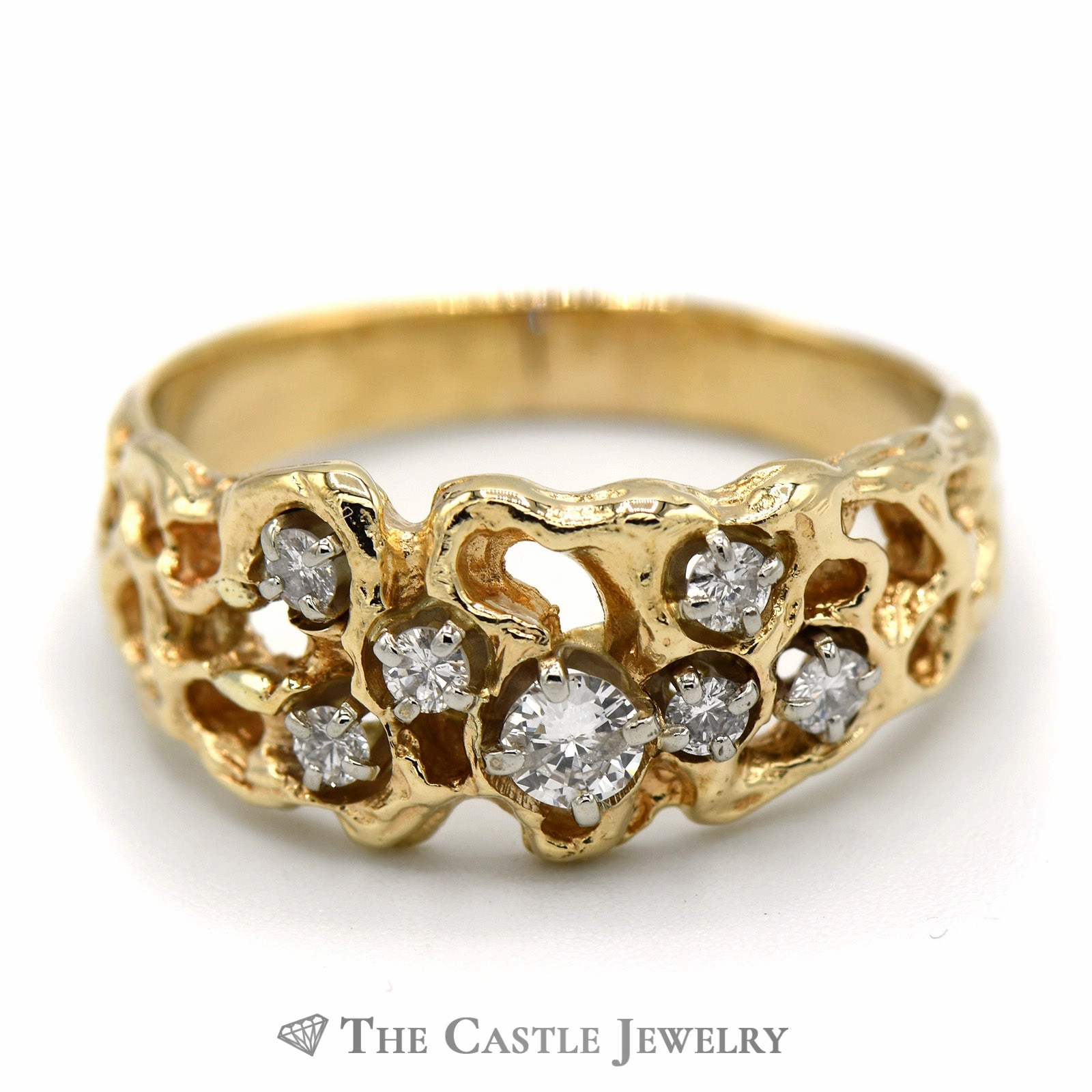 1/2cttw Round Diamond Cluster Ring set in 14k Yellow Gold Nugget Mounting Travel Friendly
