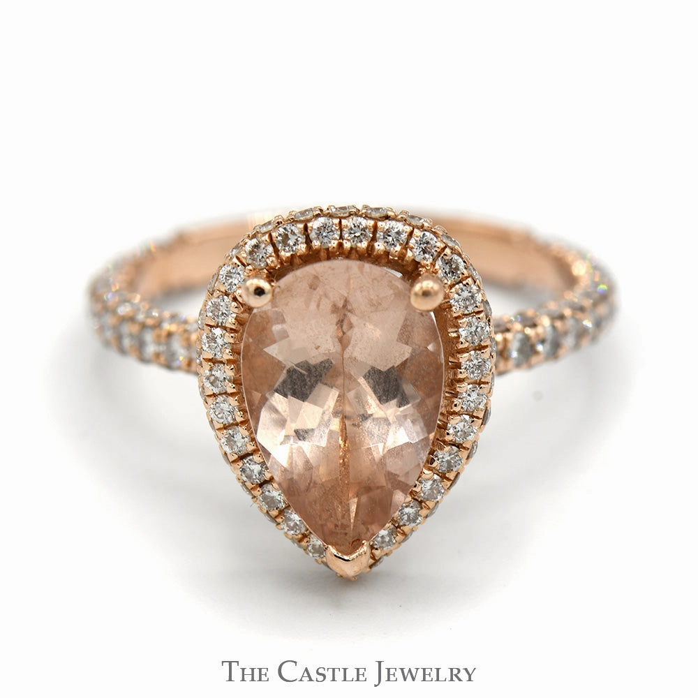 Chic Symbol Dress Down Pear Cut Morganite Ring with Diamond Halo and Accented Sides in 14k Rose Gold