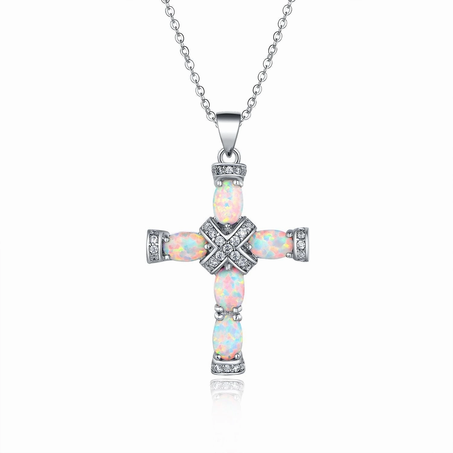 Antique Piece Cool Woman 18K Rose Gold Plated Opal Cross Charm Necklace