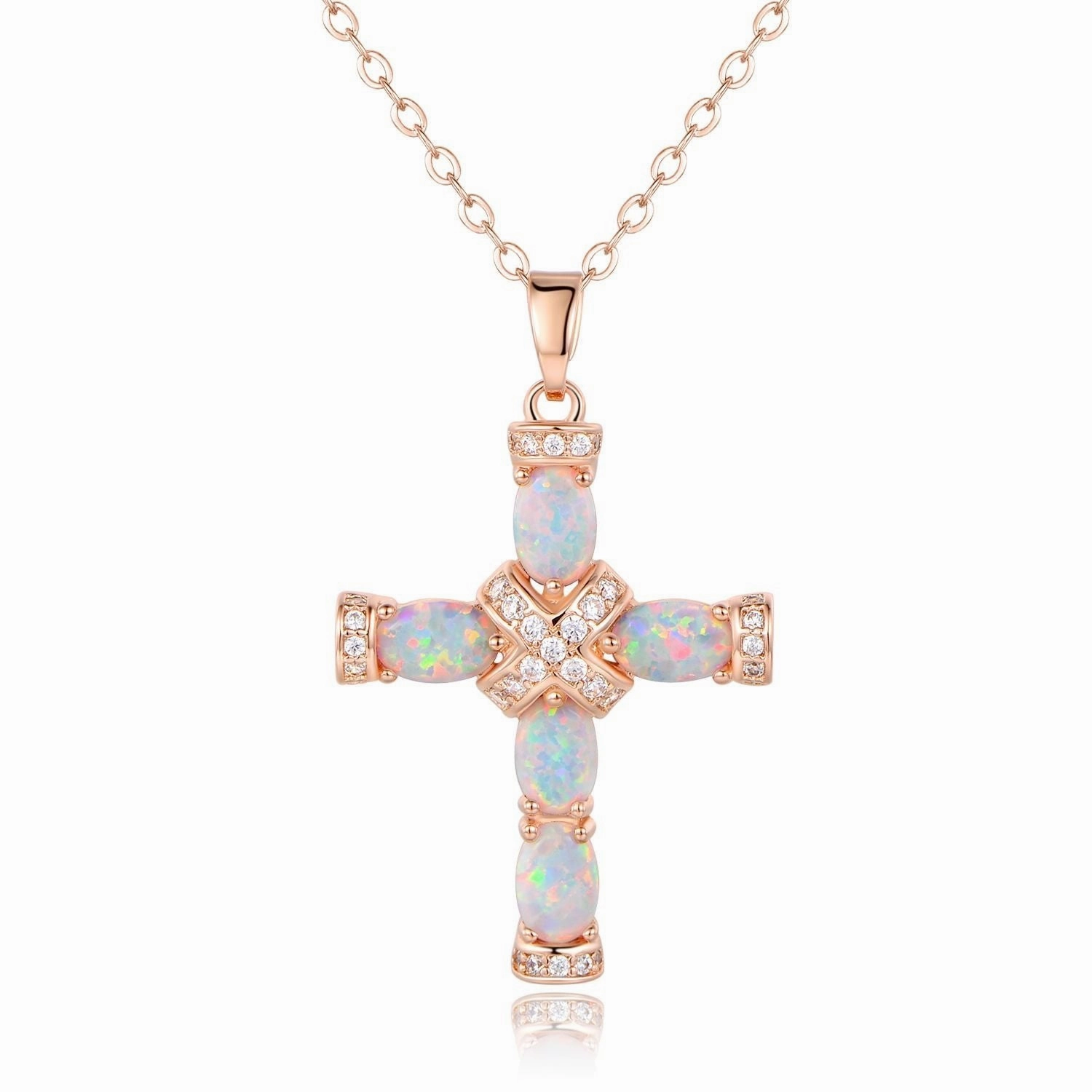 18K Rose Gold Plated Opal Cross Charm Necklace great design Artistic Accessory