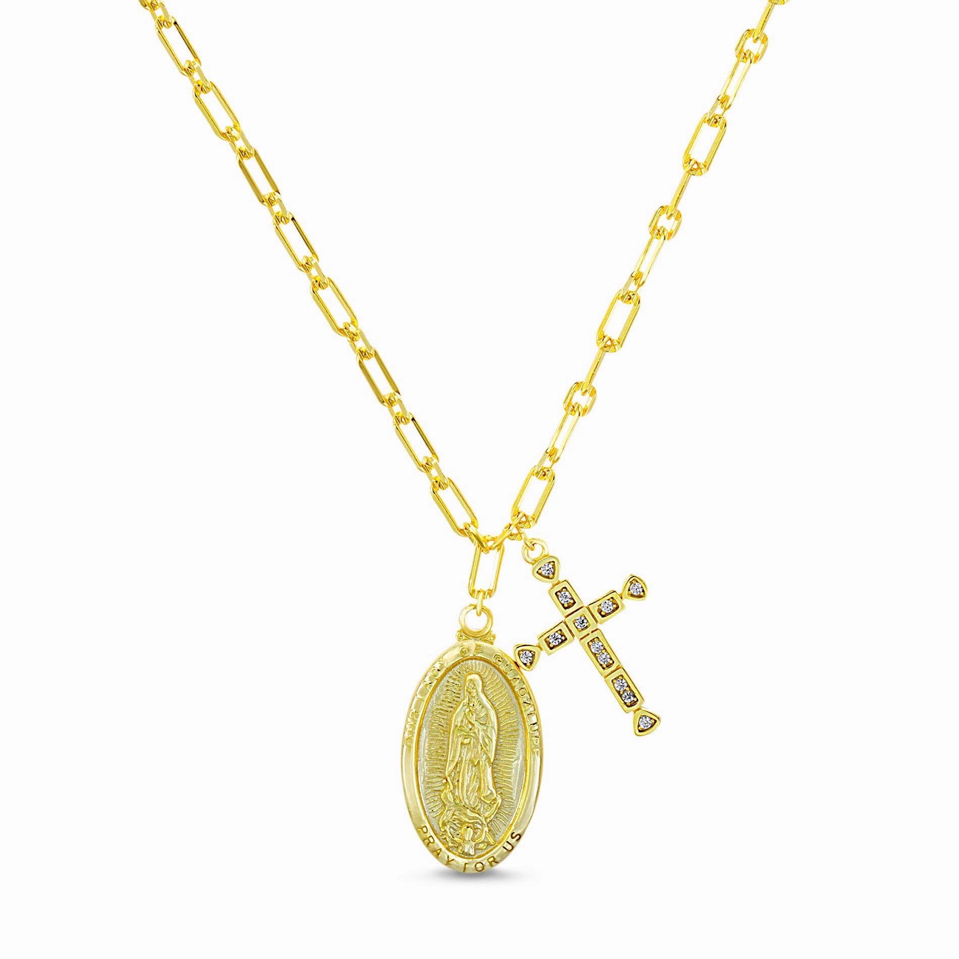 My Bible Yellow Gold Plated Sterling Silver Our Lady of Guadalupe & Cross Charm Necklace Dull Accessory