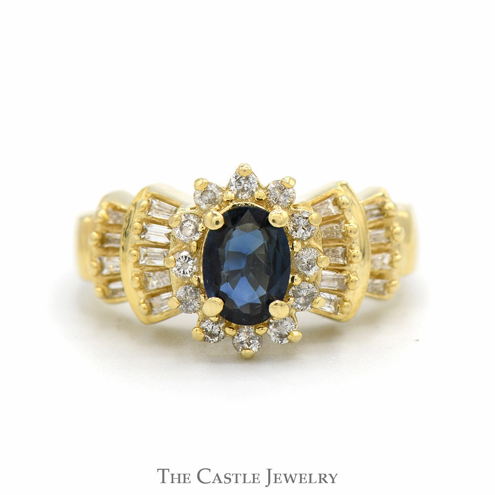 Oval Cut Sapphire Solitaire with Diamond Halo & Baguette Cut Accented Sides in 14k Yellow Gold Modern Geometry