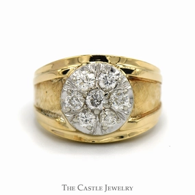 Stylish Product Pure Form 1cttw Round Diamond Cluster Men's Ring with Brushed Textured Sides in 14k Yellow Gold