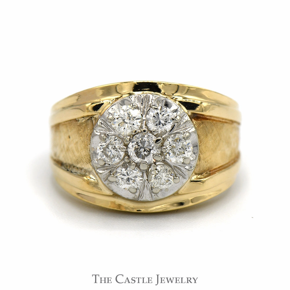 Stylish Product Pure Form 1cttw Round Diamond Cluster Men's Ring with Brushed Textured Sides in 14k Yellow Gold