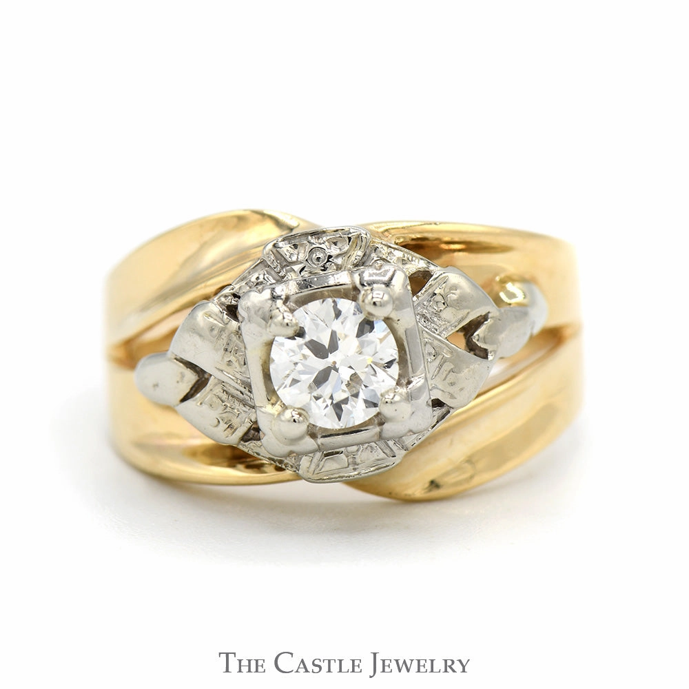 Sisterhood Gift 1/2ct Round Diamond Solitaire in Ornate 10k White & Yellow Gold Two Tone Mounting