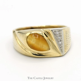 Pear Shaped Cabochon Yellow Cats Eye Ring with Diamond Accents in 10k Yellow Gold Trendy Look