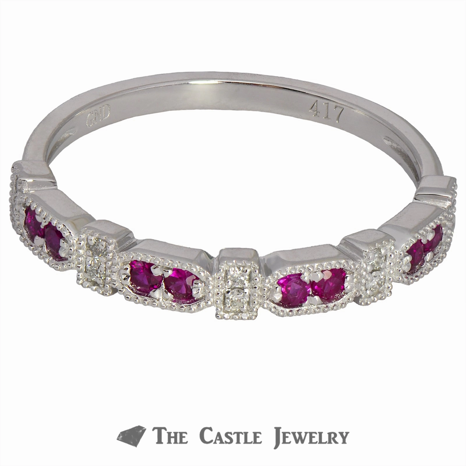 Ruby Stackable Ring with Diamonds & Beaded Edges 10K Classic Object Simple Adornment