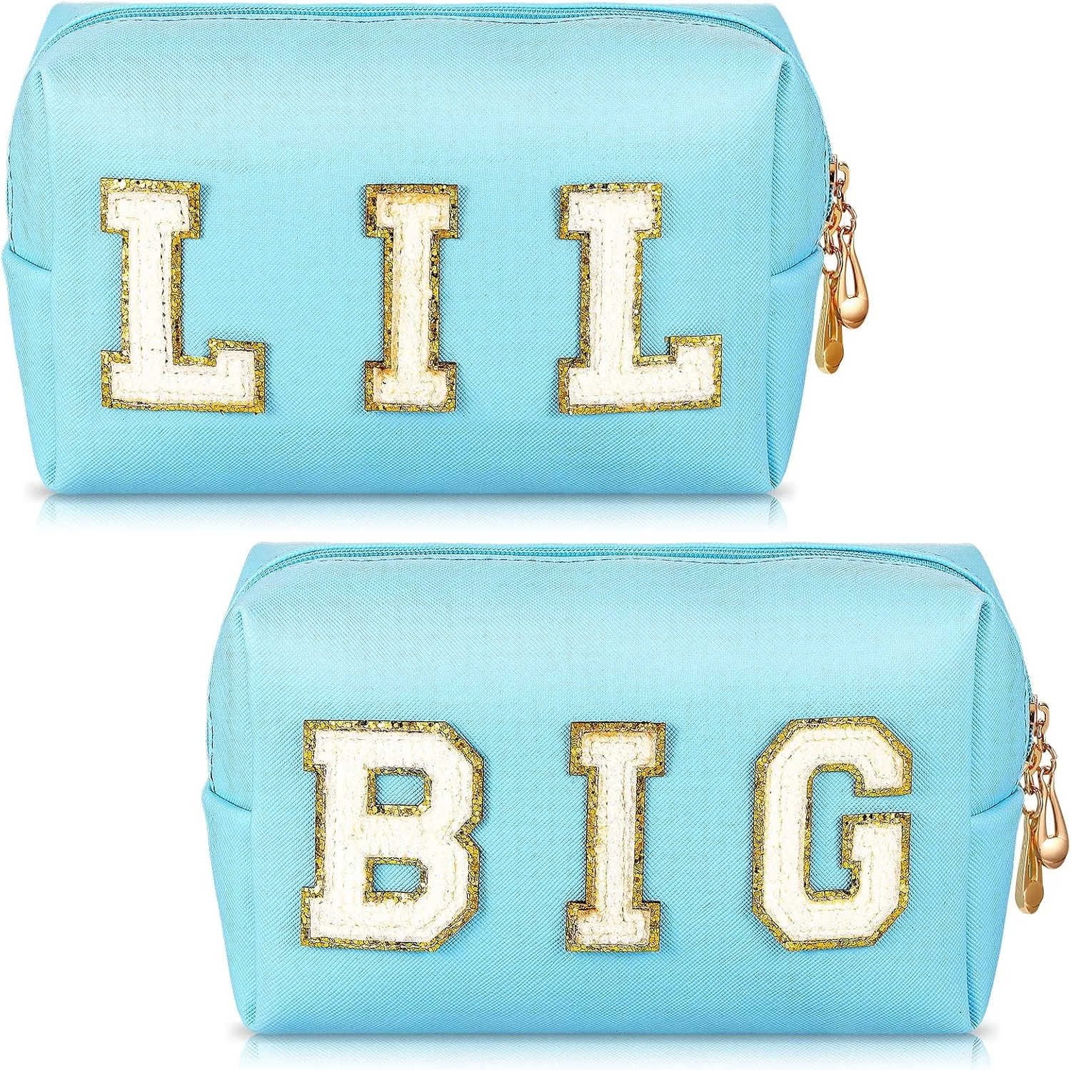 Hillban 2 Pieces Big Little Sorority Gifts Preppy Cosmetic Bag PU Leather Letter Patch Makeup Bag Portable Preppy Purse with Zipper Pouch Waterproof Travel Organizer for Women(Blue)