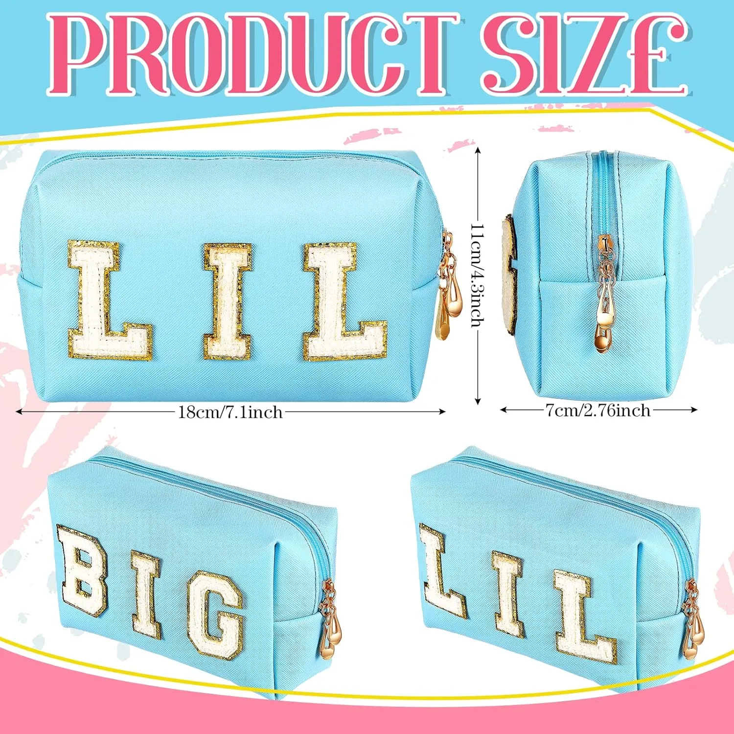 Hillban 2 Pieces Big Little Sorority Gifts Preppy Cosmetic Bag PU Leather Letter Patch Makeup Bag Portable Preppy Purse with Zipper Pouch Waterproof Travel Organizer for Women(Blue)