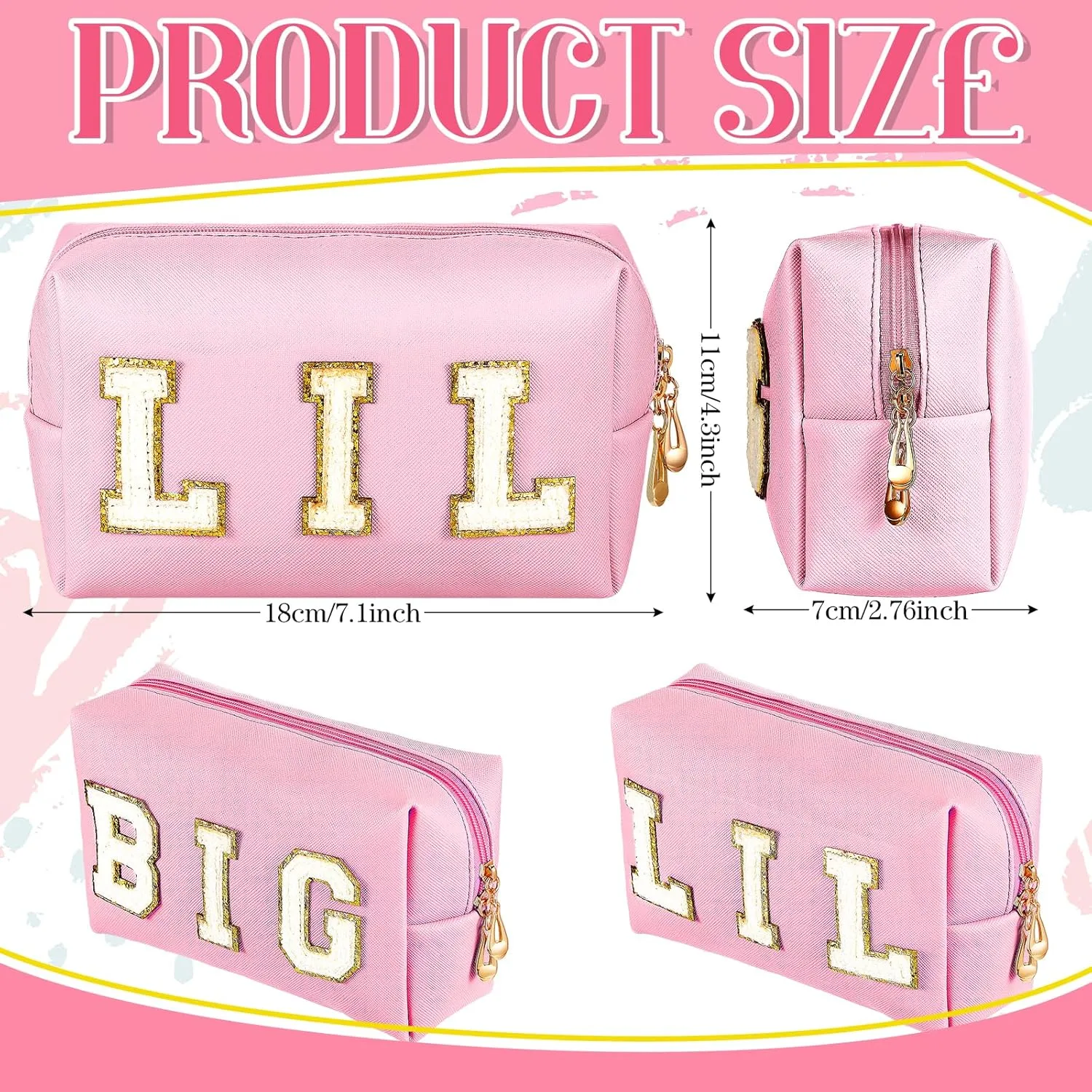 Hillban 2 Pieces Big Little Sorority Gifts Preppy Cosmetic Bag PU Leather Letter Patch Makeup Bag Portable Preppy Purse with Zipper Pouch Waterproof Travel Organizer for Women(Pink)